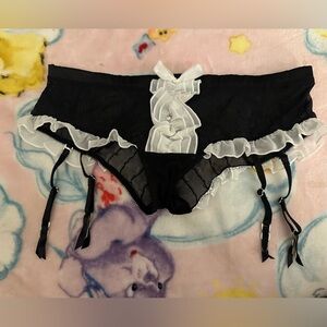 NWT Victorias Secret Garter Panty Black White Ruffle Medium Vintage